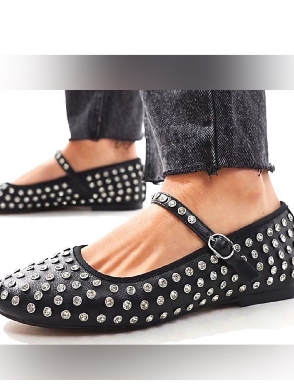 🖤 Revolve/House of Harlow 1960 Black Studded Mary Jane Flats with Rhinestones
